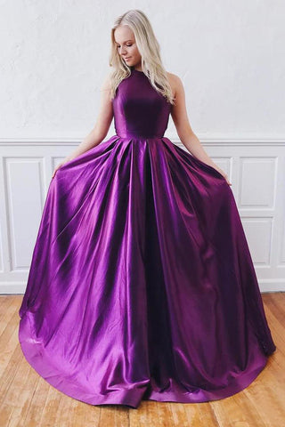 Cheap Purple Backless Long Prom Dress With Pockets OKK51
