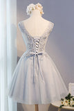 A-Line Lace Appliques Short Gray V Neck Homecoming Dresses OKD1