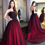 Burgundy Lace Tulle A Line Strapless Long Prom Dresses OK947
