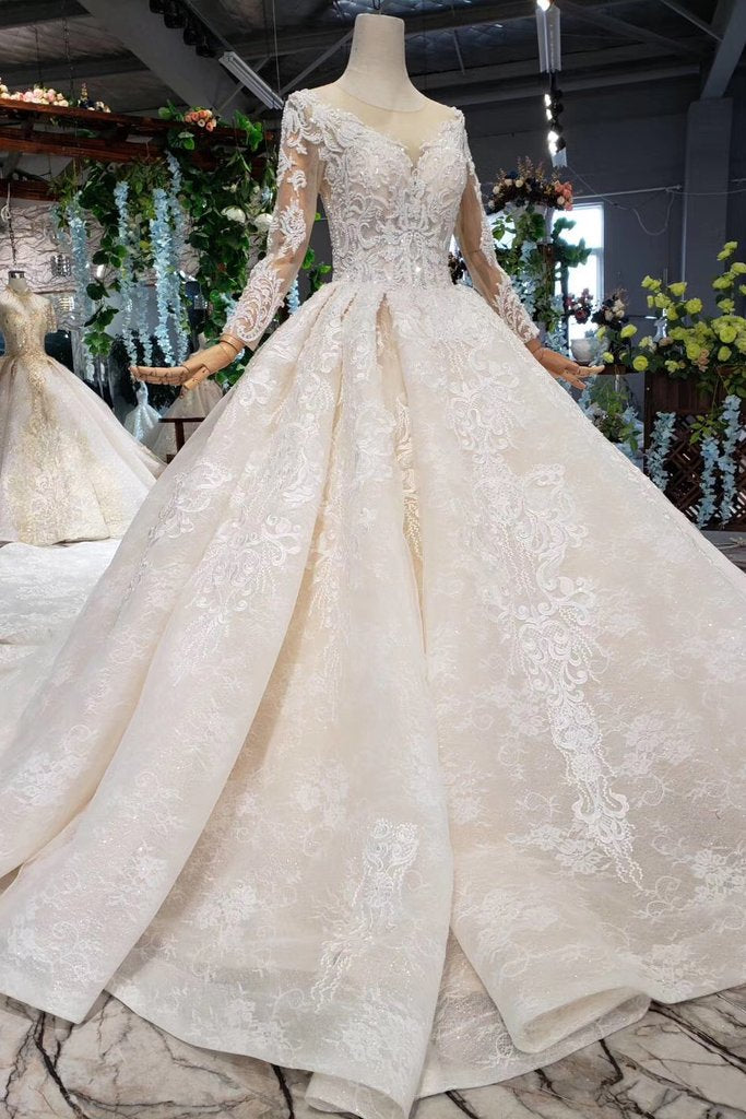 Princess Long Sleeves Ball Gown Lace Wedding Dress, Long Bridal Dress OKN43