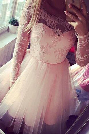 Pink Homecoming Dress,Lace Homecoming Dresses,Cheap Homecoming Gowns,Tulle Prom Dresses,Sweet 16 Dress,Cute Prom Dresses,Long Sleeves Homecoming Dresses