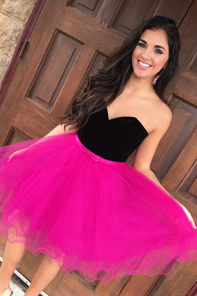 Hot Pink A Line Tulle Short Prom Dress Sweetheart Homecoming Dress OKZ54