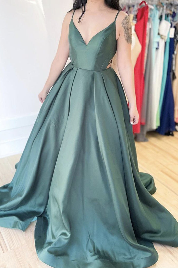 Simple A-line V Neck Green Satin Long Prom Dress Spaghetti Straps Formal Evening Dress OKX14