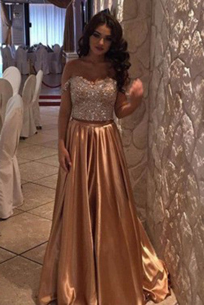 Modest A-Line Gold Off the Shoulder Sweep Train Beading Prom Dresses OK145