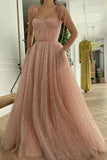 Pink Sequin Long Formal Prom Dress Tulle A-line Spaghetti Straps Evening Gown Dress OKW98