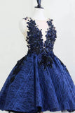 Royal Blue Lace Sheer Neck Short Prom Dress, Charming Homecoming Dress OKO5