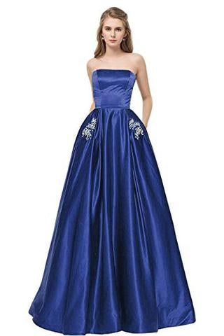 Royal Blue Strapless Long A Line Bridesmaid Dresses with Pockets, Cheap Prom Dress with Beads OKM56