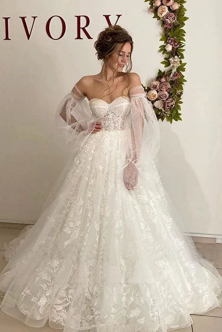 Lace Floral Puff Sleeve Wedding Dresses Sweetheart Long Train Bride Gowns Corset Back OKV20