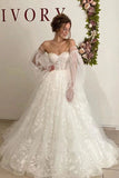 Lace Floral Puff Sleeve Wedding Dresses Sweetheart Long Train Bride Gowns Corset Back OKV20