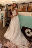 Boho V Neck A-line Lace Appliques Beach vintage Bridal Gown Custom Bohemian Wedding Dress OKV65