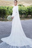 Sheath Long Sleeves Boat Neckline V Back Beach Country Wedding Gown OKW54
