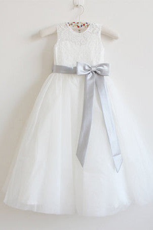 Light Ivory Lace Tulle Sleeveless Long Flower Girl Dresses With Silver Sash/Bowss OK214