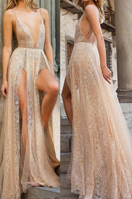 Sexy Lace Spaghetti Straps Backless Long Prom Dresses OKP67
