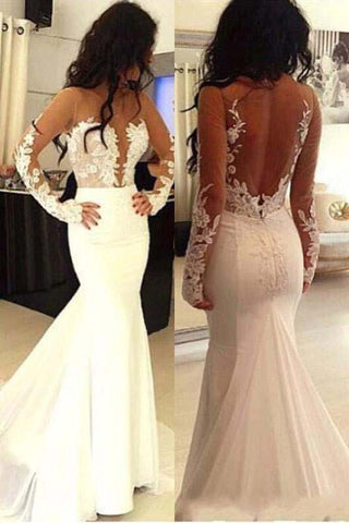 Beautiful Long Sleeves See-Through Mermaid Lace Appliques Wedding Dresses With Trailing OKD53