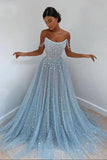 Shiny Beaded Off The Shoulder Glitter Sequins A-line Prom Dress Long Party Dress OKV56