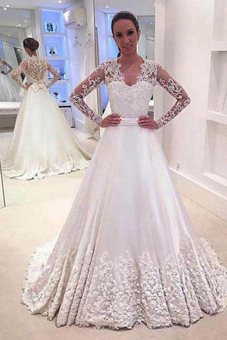 White Wedding Dresses,A Line Wedding Dress,V Neck Wedding Gown,Long Sleeves Wedding Dresses,Appliques Wedding Gown