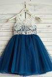 A-Line Round Neck Navy Blue Tulle Flower Girl Dresses with Lace OKP18