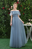 A Line CHiffon Blue Off the Shoulder Prom Dresses, Long Ruffles Bridesmaid Dresses OKQ79