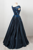 Charming Dark Navy Cap Sleeves A Line Long Prom Gowns with Appliques OKU28