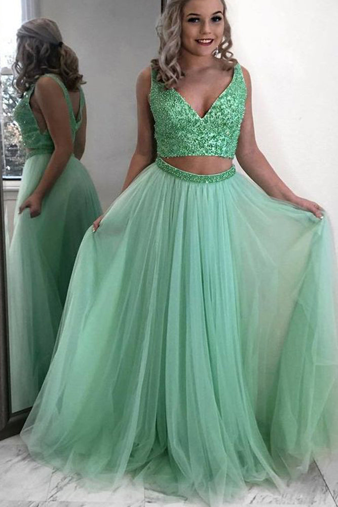 Gorgeous Two Piece V Neck Mint Tulle Long Prom Dress with Beading OKU19