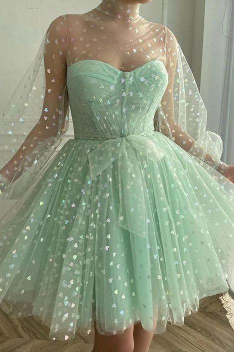 A-line Tulle Long Sleeves Princess Mint Green Homecoming Dress Sweet 16 Dress OKZ18