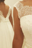 Charming Ivory A Line Backless Chiffon Long Wedding Dress With Lace Top OK527
