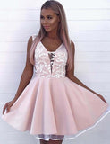 Fashion A-Line V Neck Sleeveless Pink Appliques Short Homecoming Dress OKD83