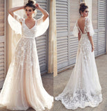 Ivory V Neck A Line Short Sleeves Wedding Dress with Lace Appliques Backless Bridal Dress OK1422