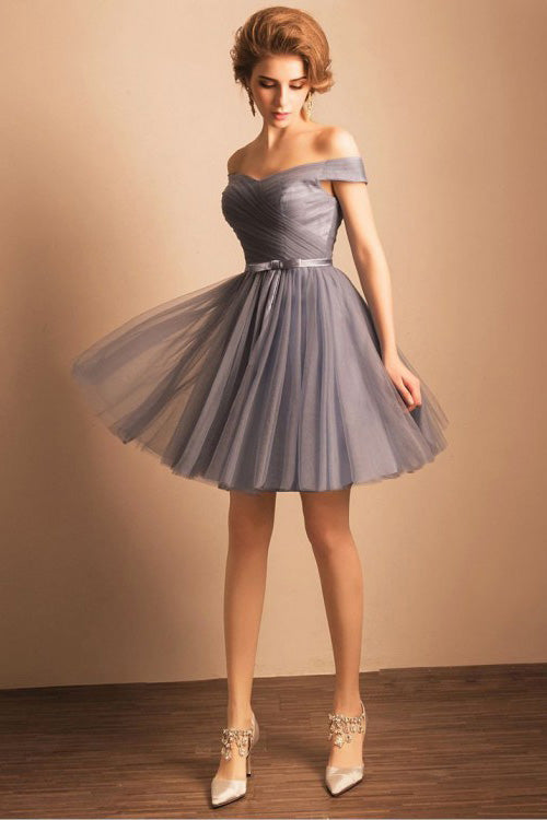 Grey A-line Simple Short Off the shoulder Pleated Homecoming Dress OKA59