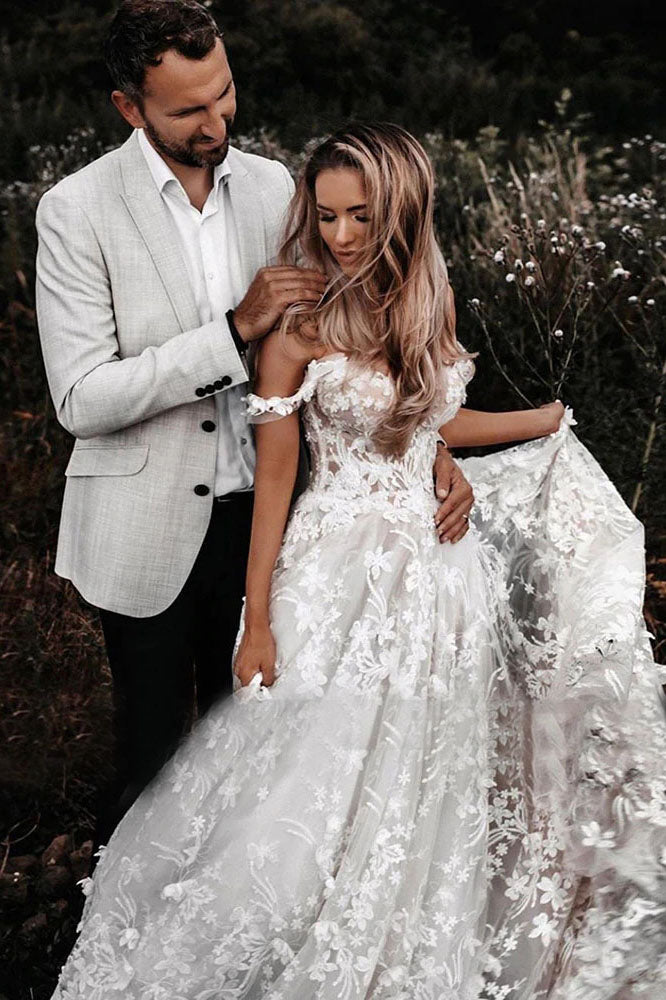 Gorgeous Ivory Lace Appliques Off Shoulder Wedding Dress A-line Long Bride Dresses OKV21