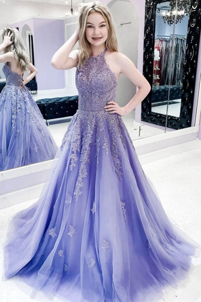 A-line Lavender Lace Appliques Tulle Halter Long Prom Dress OKU33
