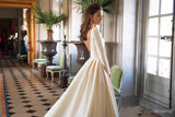 Simple Ivory Long Sleeves Satin A Line Wedding Dress OKG43