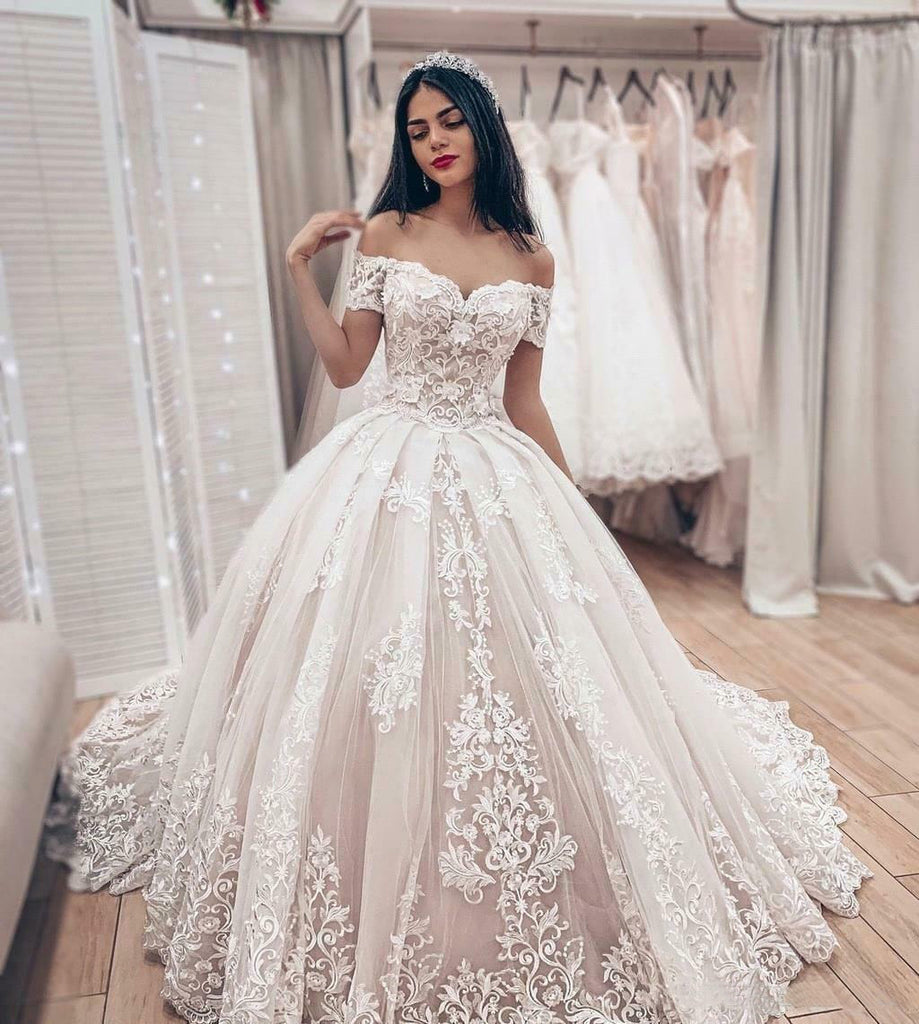 Ivory Applique Lace Off Shoulder Corset Bridal Gowns New Ball Gown Wedding Dress OKU73
