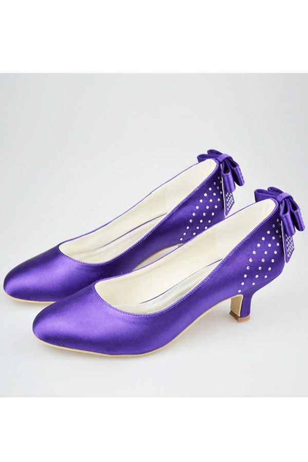 Purple Satin Beaded Low Heel Close Toe Women Shoes With Bow S126