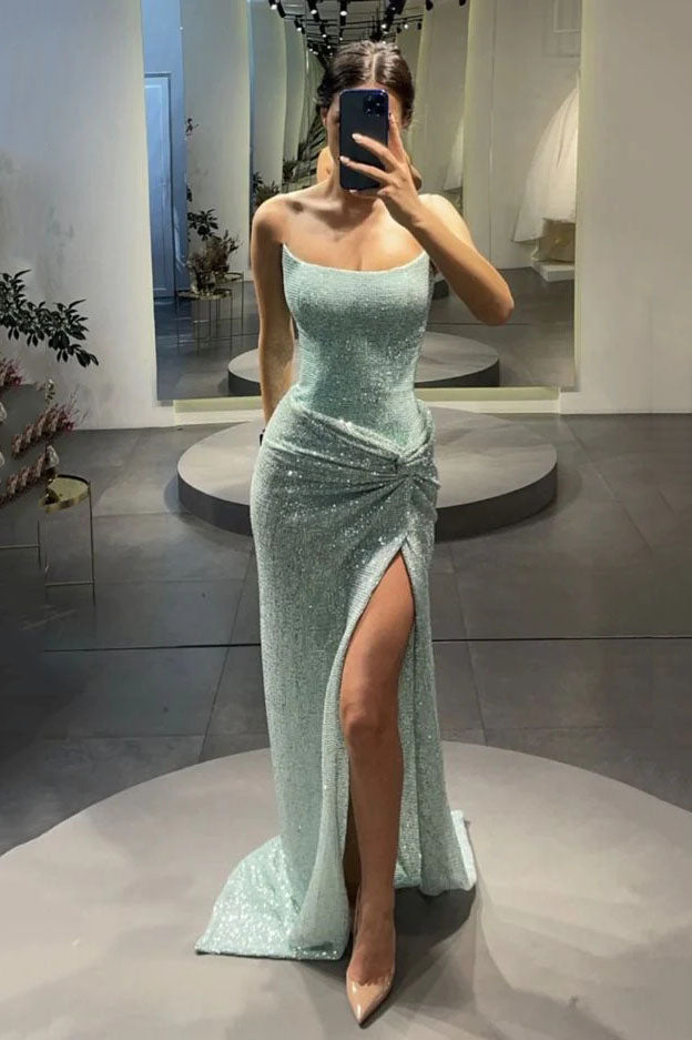 Mint Green Strapless Shiny Mermaid Prom Dress With Hight Split Sexy Evening Dress OK1522