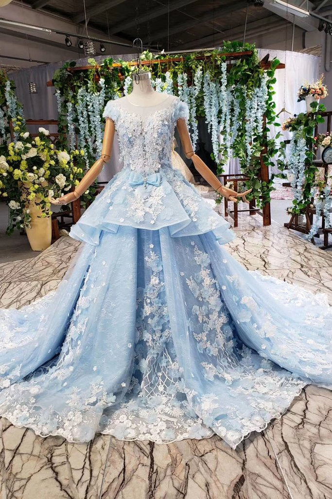 Princess Light Sky Blue Prom Dresses with Flowers, Ball Gown Quinceanera Dress OKP50