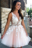 See Through Lace Appliqued Homecoming Dress V Neck Short Hoco Dress OKO13