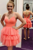 Cute Coral Plunge V Lace-Up Tiered Short Homecoming Dress Gradustion Dreses OK1528