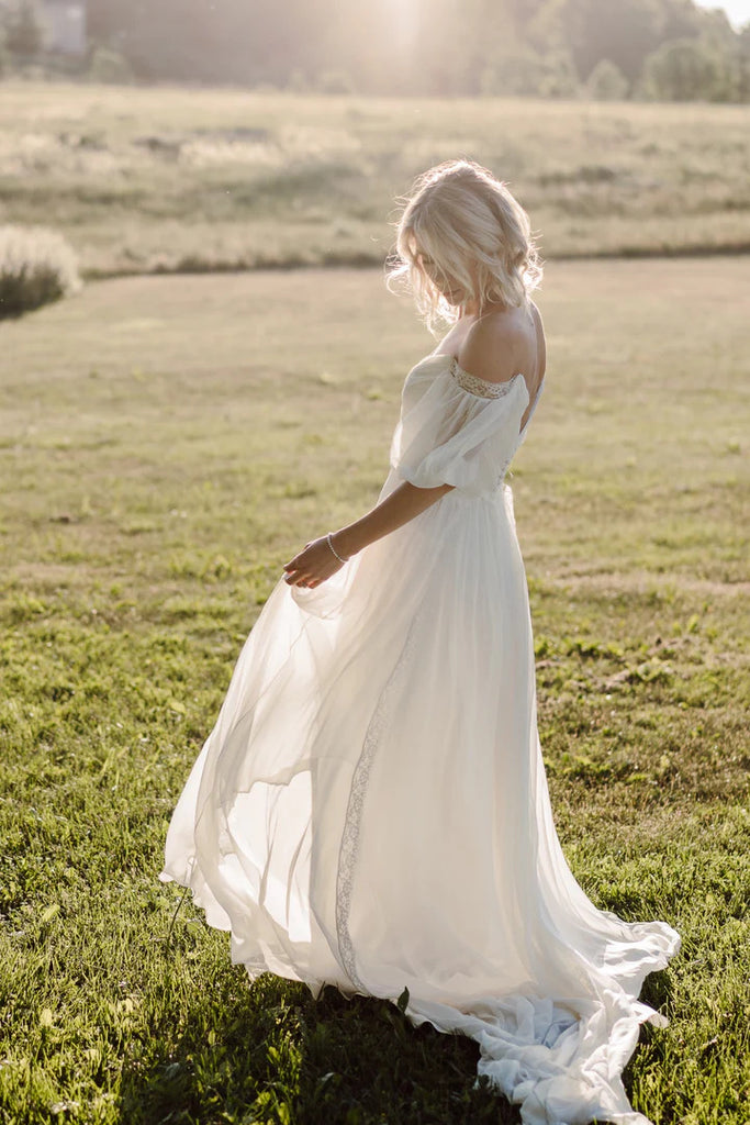 Simple Beach Bridal Dress with Off-the-shoulder Neckline Boho Wedding Dresses OK1704