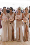 Simple Sheath Long Bridesmaid Dress with Slit, Wedding Party Dress OKO22