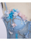 Princess Spaghetti Strap 3D Flower Applique Sky Blue Prom Dress Ball Gowns OKH90