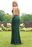 Spaghetti Strap Emerald Green Prom Dress Slit Sheath Sequined Formal Evening Dress OKI63