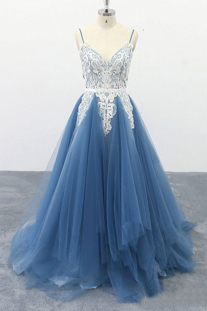 Spaghetti Straps A-line Party Dress Appliques Blue Tulle Prom Dress OKS13