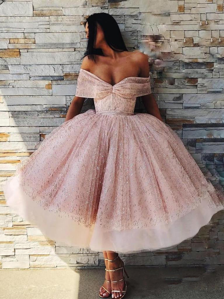 Off the Shoulder Sparkly Pink Tea Length Ball Gowns Prom Dresses OKI5