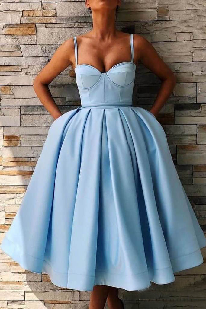 Tea Length Sky Blue Prom Dresses with Pocket Spaghetti Straps Simple Graduation Dress OKN81