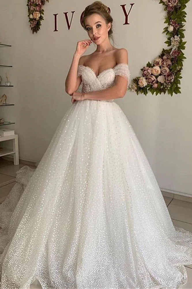 Glitter Tulle A-line Princess Wedding Dress Off the Shoulder Elegant Bridal Gowns OKV60