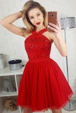 Cute A-Line Straps Red Homecoming Dress,Sleeveless Short Prom Dress With Sequins OK472