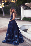 Elegant A-Line Deep V-Neck Navy Blue Long Prom Dresses with Appliques Pockets OK973
