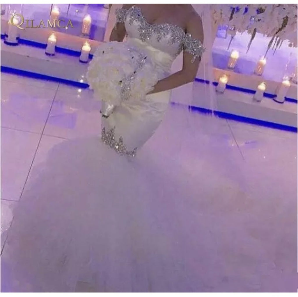 Elegant Mermaid Off the Shoulder Wedding Dresses with Beads OKM33
