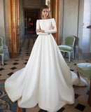Simple Ivory Long Sleeves Satin A Line Wedding Dress OKG43